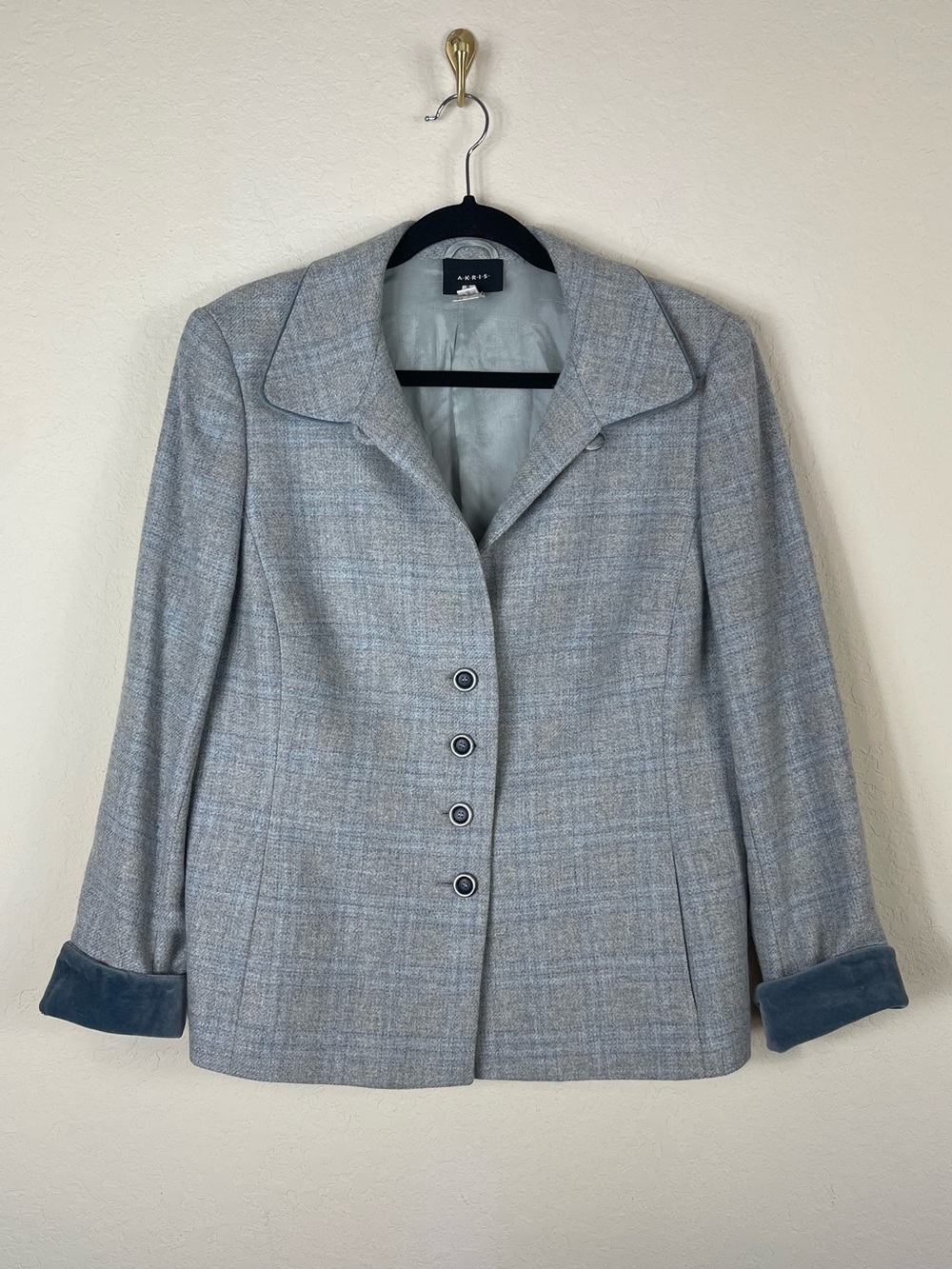 Akris Wool Cashmere Plaid Suit Jacket Blazer Blue Size 14